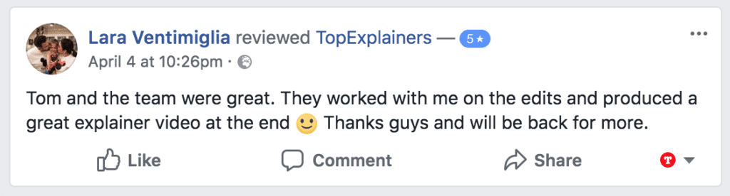 5 star facebook testimonial of Top Explainers for a marketing video