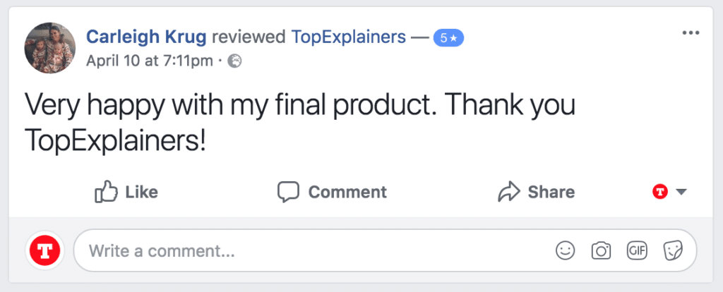 Screenshot of 5 star facebook testimonial from client product animated video