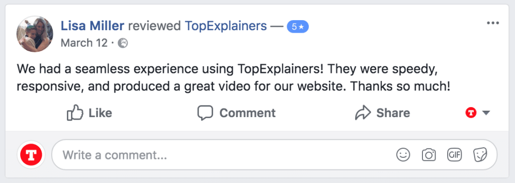 Screenshot of 5 star facebook testimonial from client whiteboard video by topexplainer.com