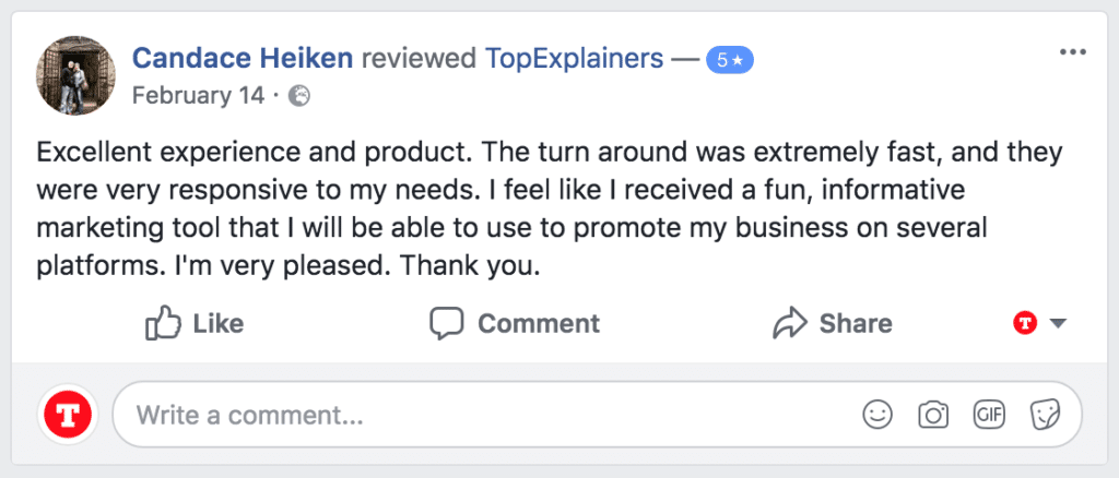 5 star facebook testimonial of Top Explainers for 2d animation video