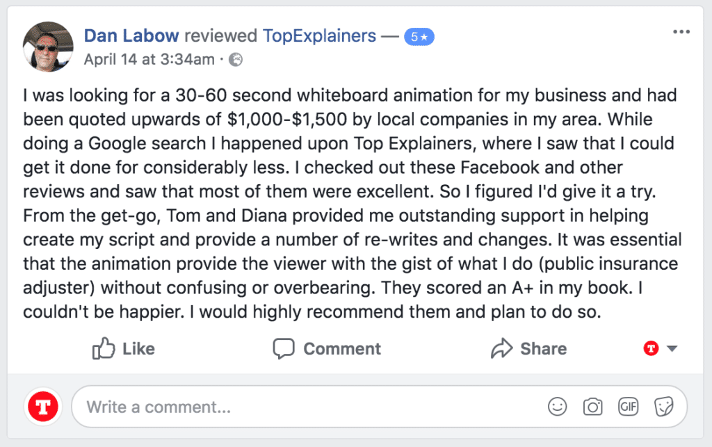 customer 5 star testimonial on facebook thanking topexplainers for the online video that they made for him