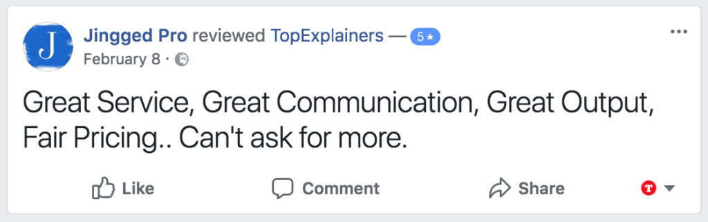 Screenshot of 5 star facebook testimonial from client product animated video