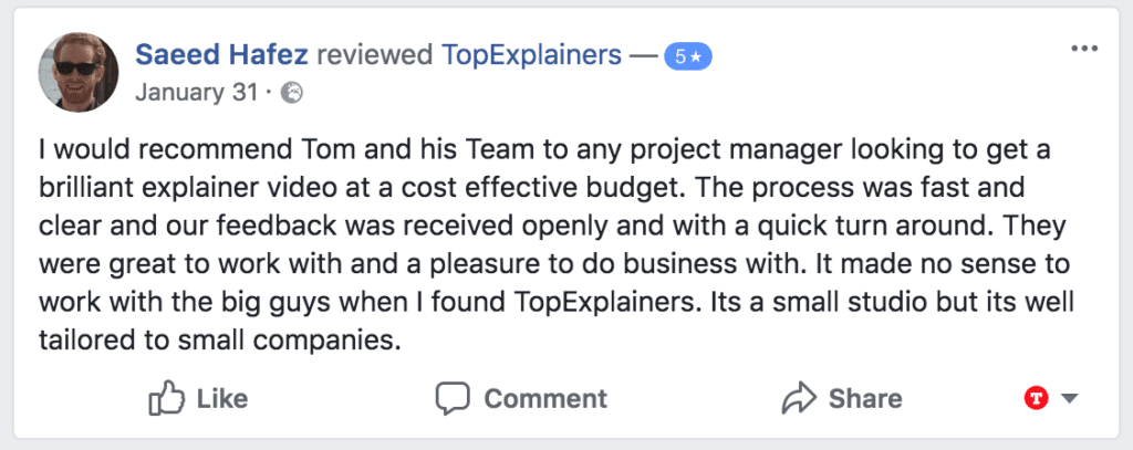 Screenshot of 5 star facebook testimonial from client video marketing by topexplainer.com