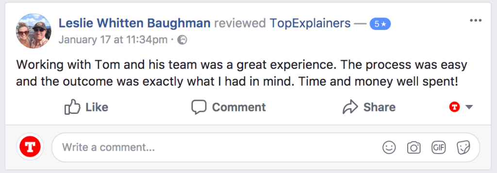 Facebook 5 star testimonial of Top Explainers for 2d animation video