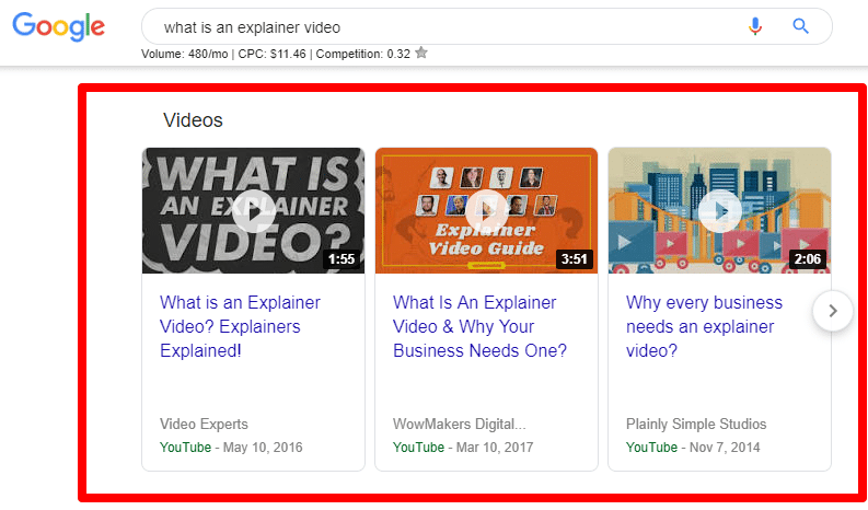 screenshot of youtube videos appearing in the search results from Google