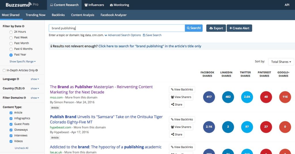 dashboard of buzzsumo content marketing