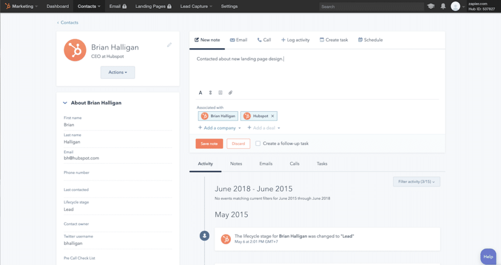 hubspot dashboard of email marketing and CRM software