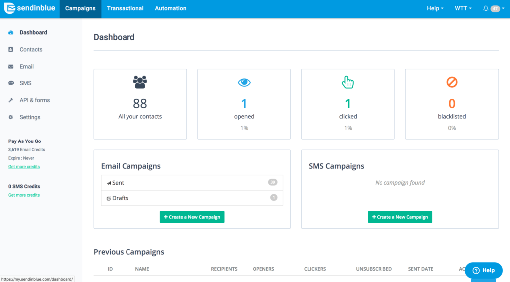 screenshot of sendinblue dashboard for email marketing software